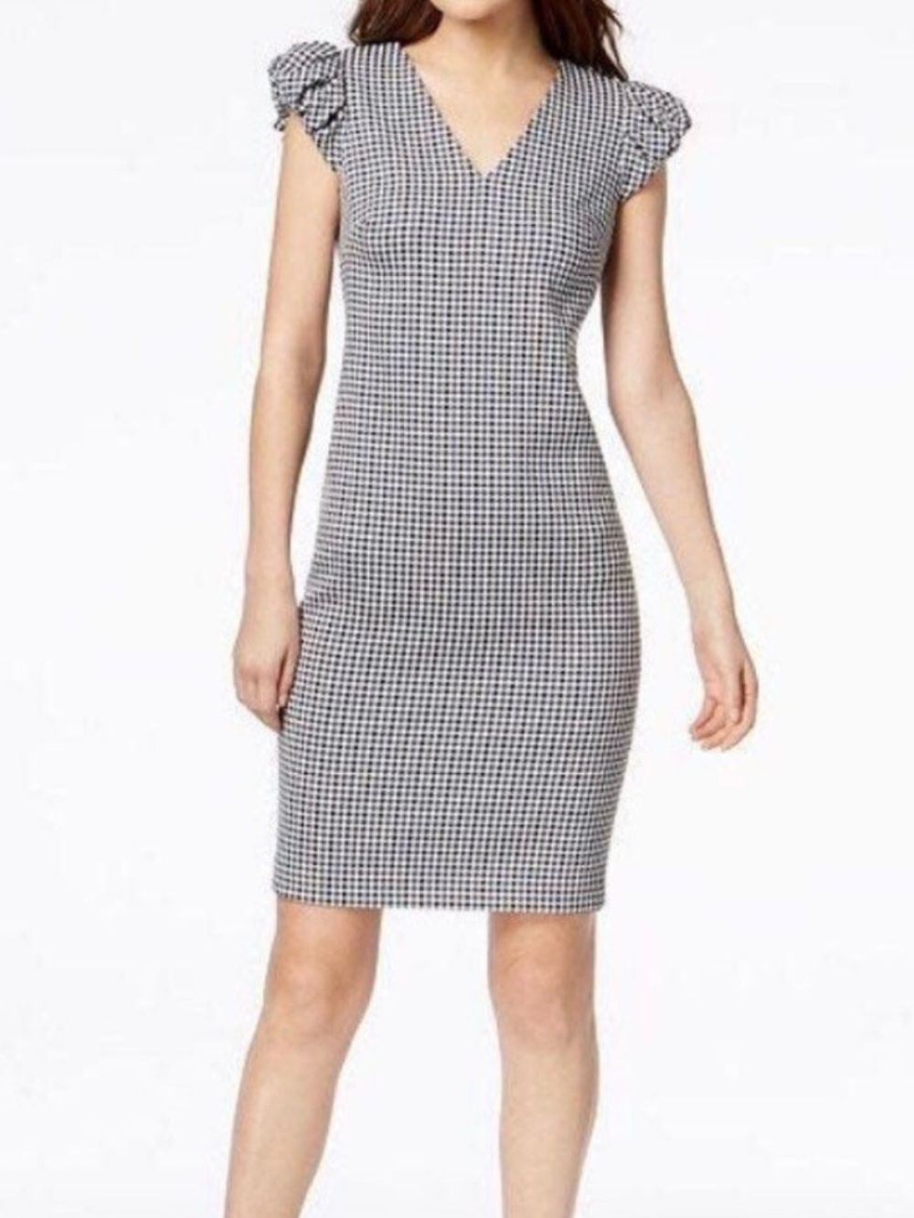 Calvin Klein NWT size 12 Gingham Puff Sleeve Sheath Dress Blue Black White‎